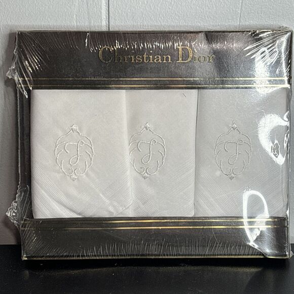 CHRISTIAN DIOR Mens "J” Monogrammed Handkerchiefs 2 3-Pack White Cotton Vintage - Picture 5 of 7